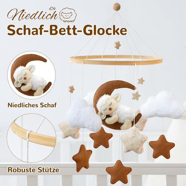 Detalle de Ueiwffzo Mobile Baby „schlafendes Alpaka Mond“ mit Filz-Anhänger fürs Babybett