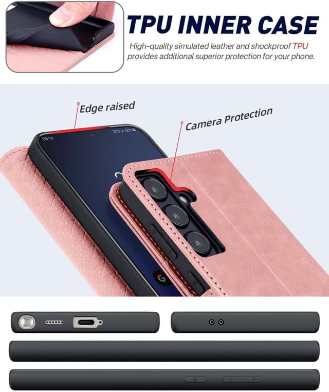 Detalle de OCASE Handyhülle für Samsung Galaxy S24 5G – Premium Leder Flip Hülle mit Kartenfächern, Magnetverschluss und Standfunktion (Pink)
