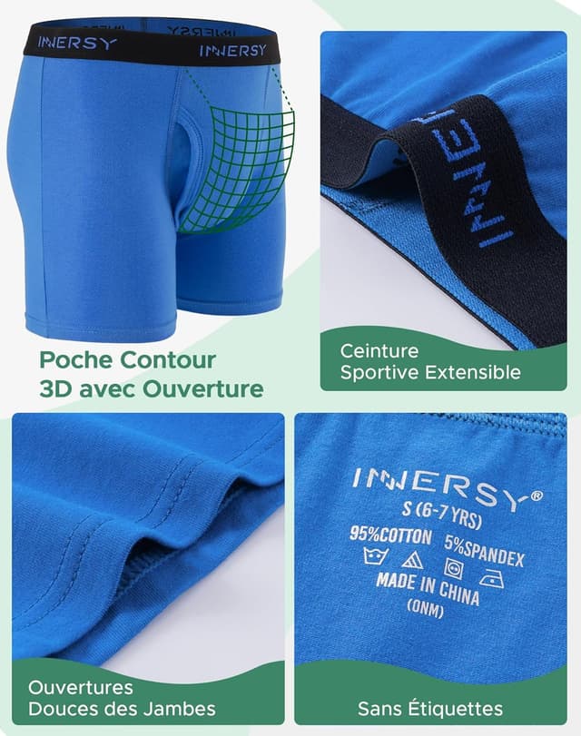 Detalle 2 de INNERSY Boxer pour garçon en coton doux, braguette ouverte 3D – lot de 5 (6 à 18 ans)