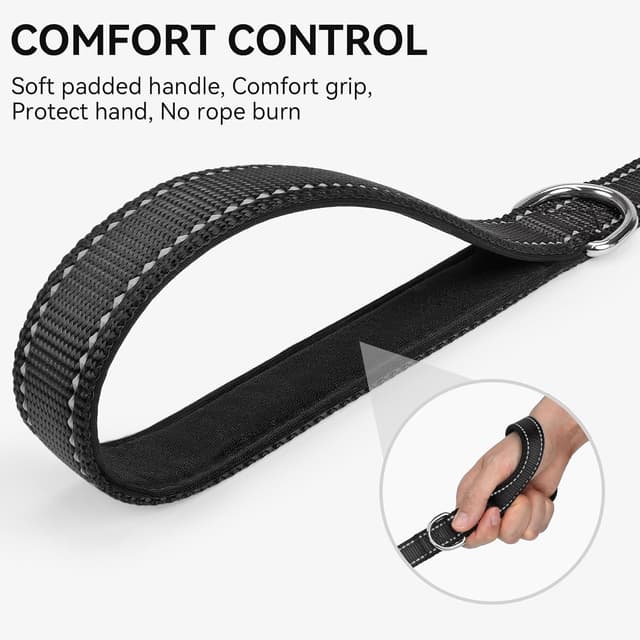 Detalle de Joytale Strong Double-Sided Reflective Dog Lead with Padded Handle (Black) – 1.5m x 2cm