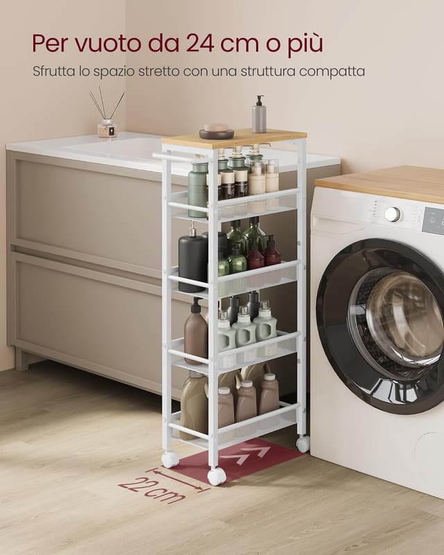 Detalle de VASAGLE Carrello a 5 ripiani LRC035W09 salvaspazio beige rovere e bianco con ruote