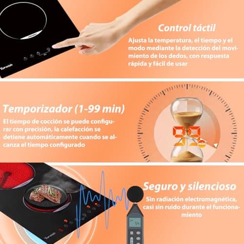 Detalle 2 de Topwish placa vitrocerámica 2 fuegos encastrable de 30 cm (3000 W) con control táctil, temporizador y seguridad