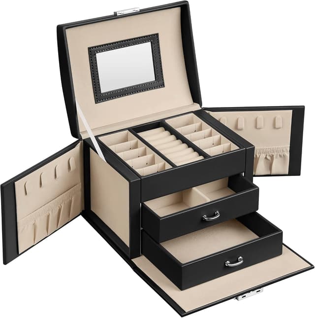 Detalle de SONGMICS 3-Tier Lockable Jewellery Box JBC154B01 with Mirror, 2 Drawers & Handle