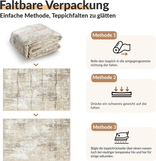 Detalle de INOVADAY waschbarer Teppich für Wohnzimmer & Schlafzimmer, 90x150 cm – modernes abstraktes Design in Braun/Grau