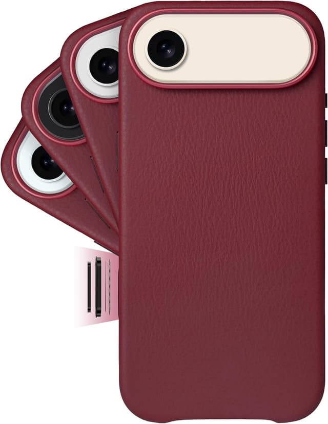 Detalle de LONLI Classic Gold-Rated Leather Case for iPhone Air (Wine) with Camera Control & MagSafe compatibility