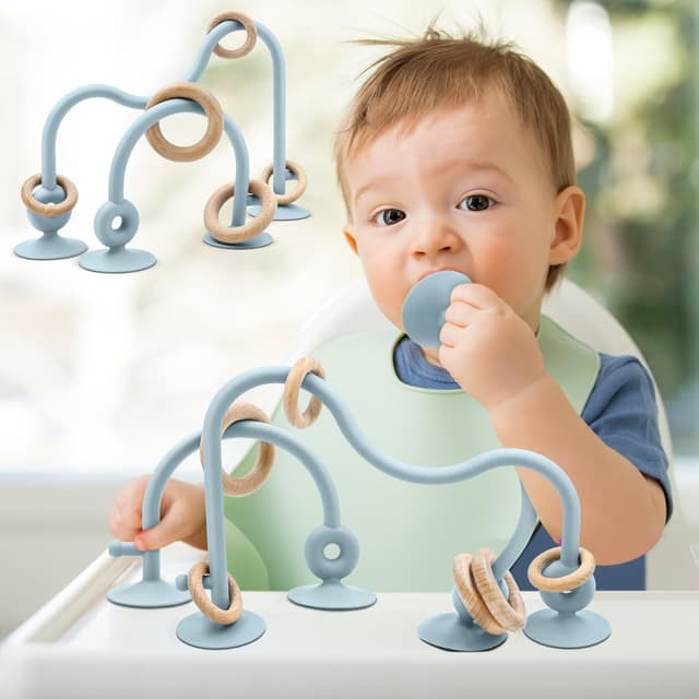 Detalle de AiTuiTui high chair suction toy with wooden ring (blue) for babies and toddlers