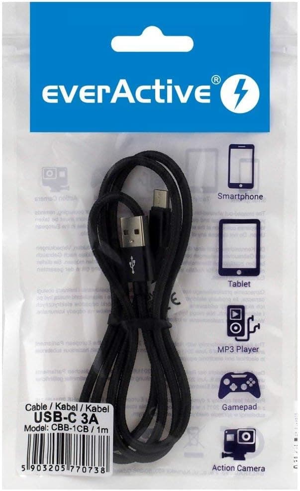 Detalle de everActive USB-C/USB-C Nylonkabel CBB-1CB (100 cm) mit schnellem Laden bis zu 3 A, schwarz