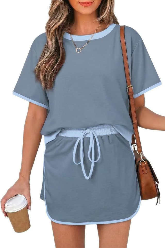 Detalle de Opemiby Womens 2-Piece Skort Set with Drawstring Waist & Color-Block Top