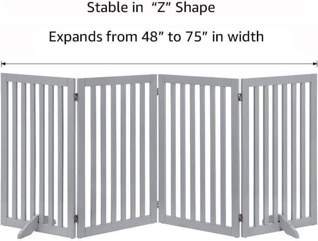 Detalle 1 de unipaws Freestanding Pet Gate (Folding Wooden Dog Gate) – Light Grey, 203cm wide, 91cm high, 4 panels