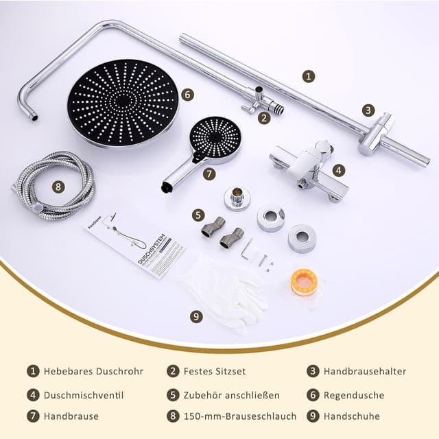 Detalle de KeeGone Duschsystem mit höhenverstellbarer Armatur, 26 cm Regendusche & 3-funktion Handbrause (ohne Thermostat)