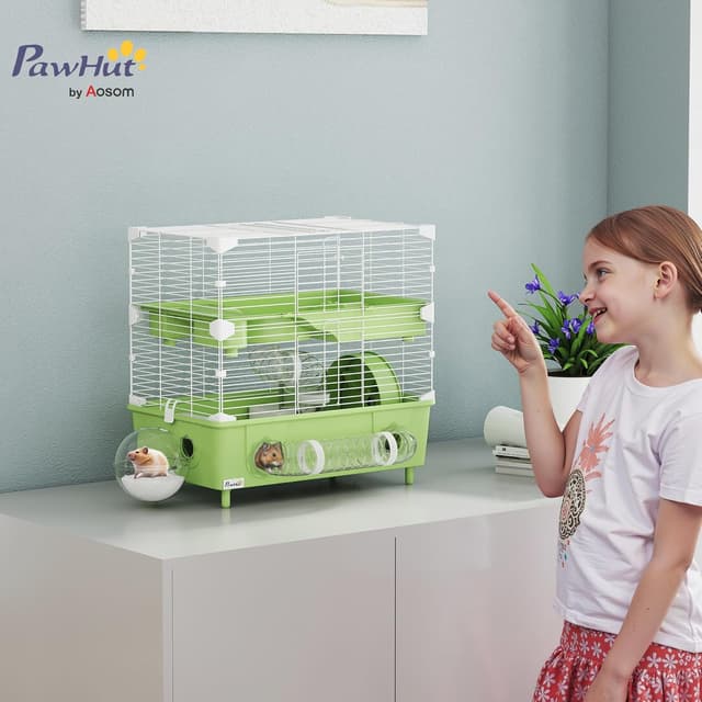 Detalle 2 de PawHut Cage pour Hamster à 2 Niveaux avec roue de course et salle de bain en sable, 44,5 x 28 x 44 cm, vert