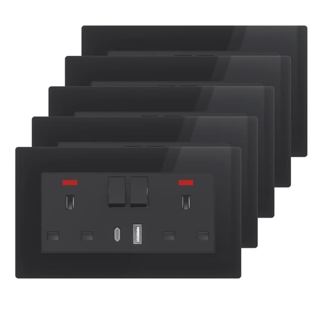 Detalle de BSEED plug socket with 20W USB-C fast charging (switched), 1-gang UK standard, grey glass panel