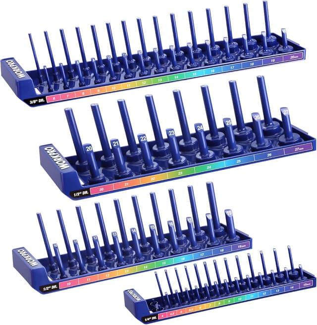 Detalle de WORKPRO Porta Bussole per prese metriche fino a 94 pezzi (1/4, 3/8, 1/2) con vassoio portaprese e fori