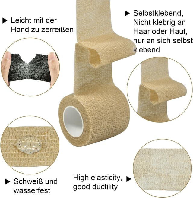 Detalle de Selbstklebender Verband, 12 Rollen (5 cm x 4,5 m) elastische Fixierbinde mit Haftbandage – weiß, für Sport & Erste Hilfe