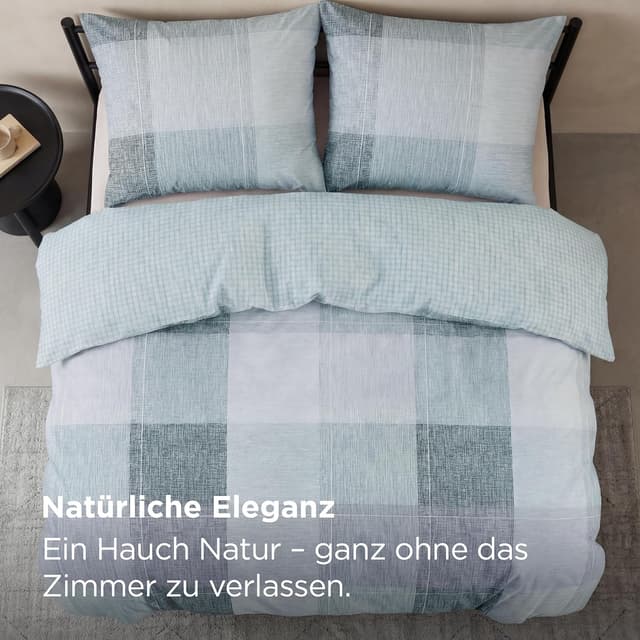 Detalle de BEDSURE Wendebettwäsche 135x200 (2-teilig) mit Kissenbezug 80x80 – Blaues Buffalo-Karo mit Reißverschluss