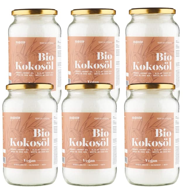 Detalle de MonteNativo Bio Kokosöl – nativ, 1. Kaltpressung, Rohkostqualität (6 x 1000 ml Schraubgläser) für Kochen, Braten, Backen sowie Haut & Haare