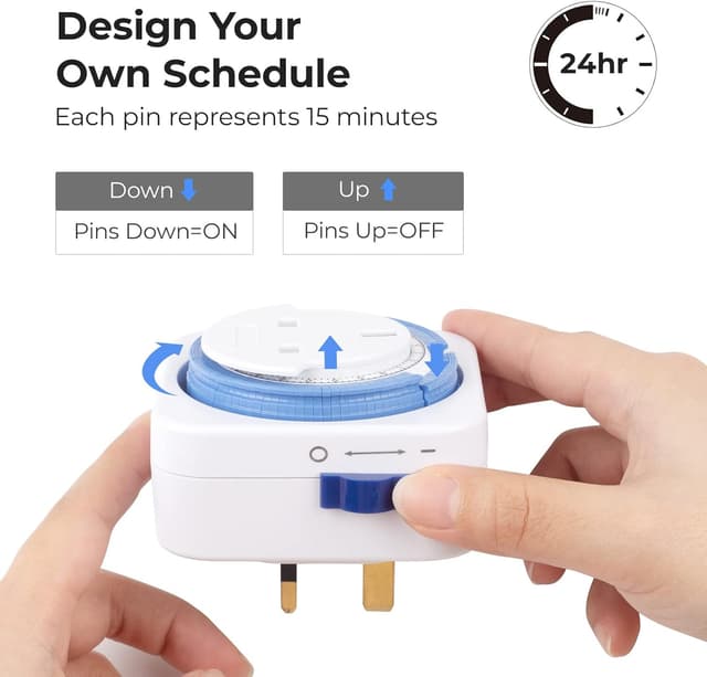 Detalle 2 de HBN Mechanical Timer Plug Socket (24 Hour, 13A/3120W) – UK Indoor Plug-In Timer, 3 Pack