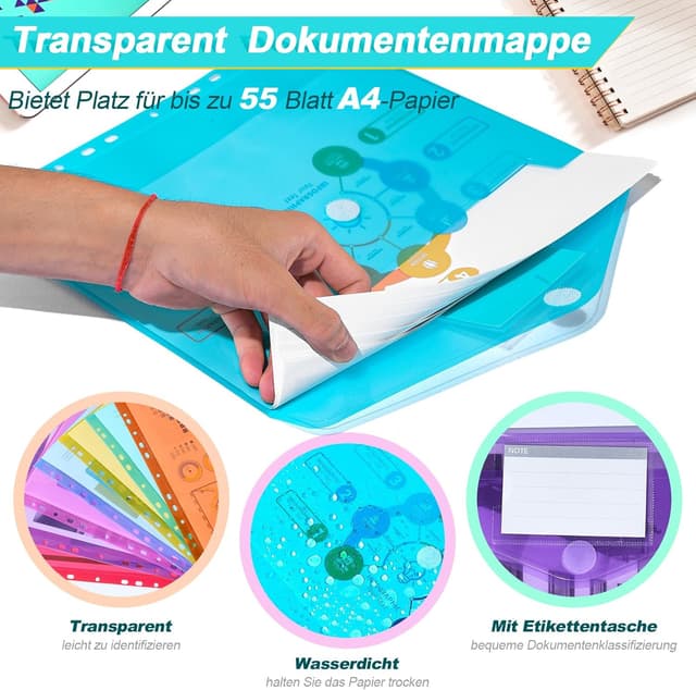 Detalle de Dokumententasche A4 (28 Stück) – wasserdichte Sammelmappen mit 11-Loch-Rand, Klettverschluss & Etikettentasche