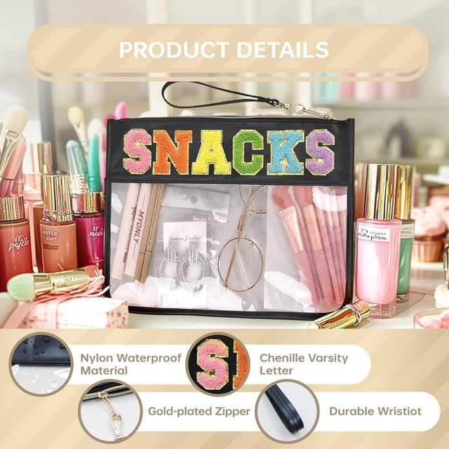 Detalle de Siwara Clear Pouch Travel Makeup Bag with Glitter Chenille Letter Patches (13.0 × 9.5 in)