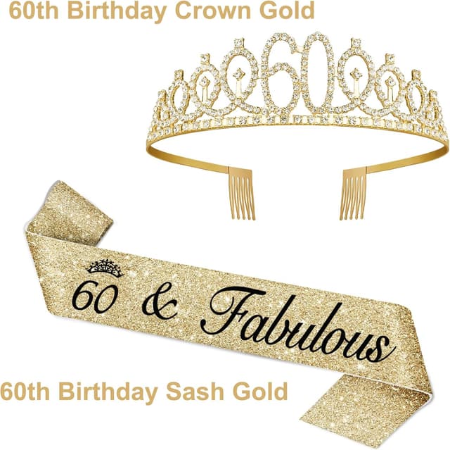 Detalle de Amosking 60th Birthday Decorations Set: 60 sash, crown/tiara and gold number 60 candles