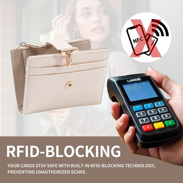 Detalle 2 de Pomelo Best women’s RFID wallet (beige) – vegan leather bi-fold with zip coin pocket & ID window