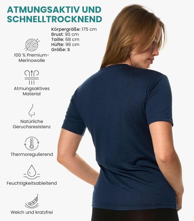 Detalle de Merino.tech Damen Merino T-Shirt (100% Merino, 165 g/m²) + Wandersocken-Set für Wandern & Reise