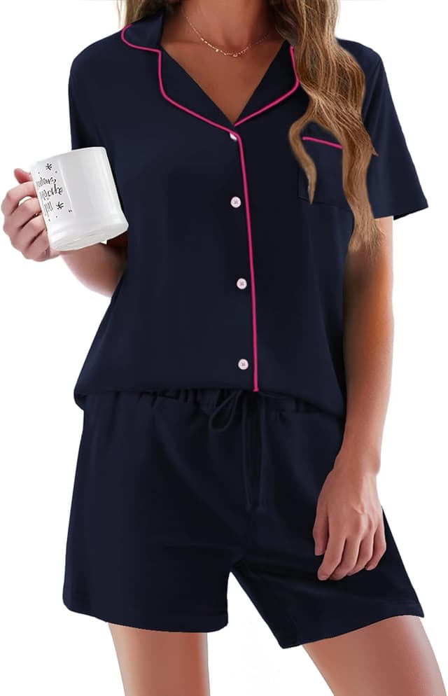 Detalle de Ekouaer Schlafanzug Damen Kurzarm als Pyjama-Set mit Knöpfen, Taschen & Kurz-Lounge-Hose (S–XXL)