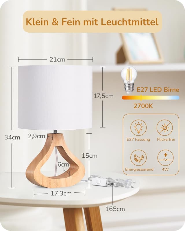 Detalle de EDISHINE Nachttischlampe aus Holz mit Leinen-Schirm und E27-Fassung, 34 cm, weiß