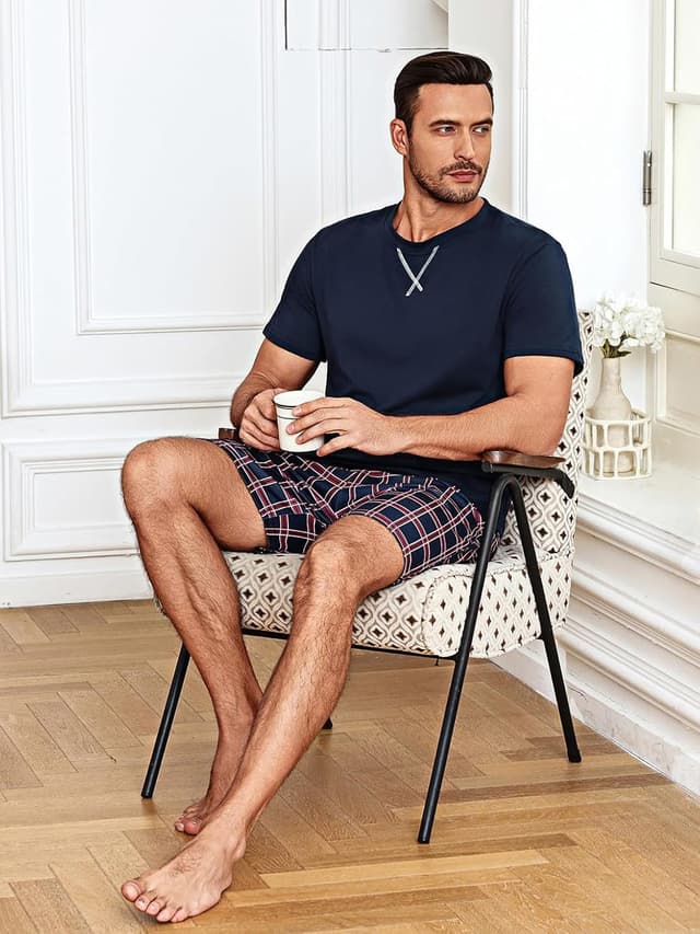 Detalle de Demegimi Men’s Short Pyjama Set Summer Nightwear – Soft Cotton Blend T-Shirt & Shorts Lounge Set