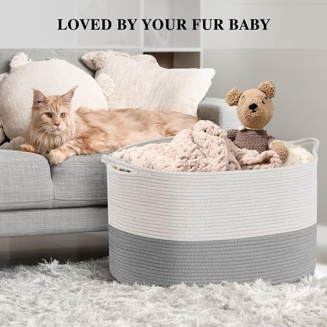 Detalle de Maliton Laundry Basket (Large, 55x35cm, 68L) Foldable Rope Woven Hamper in White & Grey