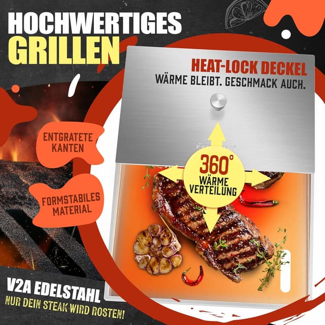 Detalle 2 de KESSER Plancha Grillplatte aus Edelstahl mit Deckel (40 x 30 cm) bis 800 °C, mit Fettablauf – inkl. 2 Spatel, Schürze, Grillmatte & Rezeptbuch