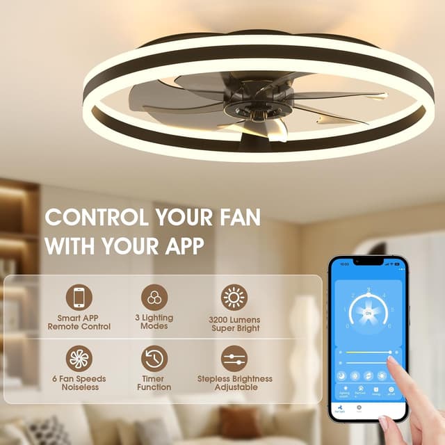 Detalle de NIORSUN 60cm Smart LED Ceiling Fan with Lights and Remote (6 Speeds, Dimmable 3000K–6500K) — Black