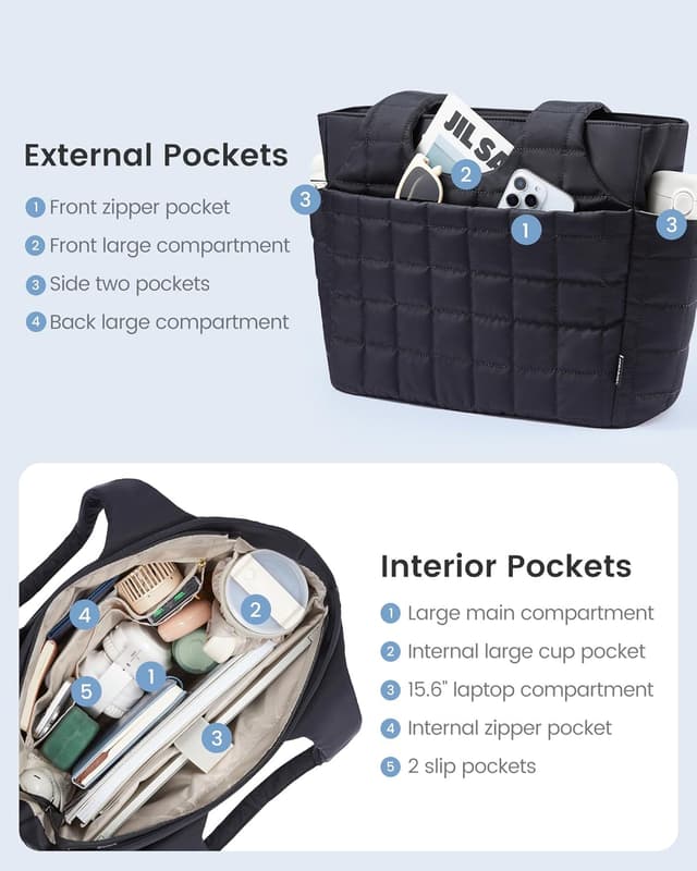 Detalle de LOVEVOOK Damen Shopper Handtasche mit 15,6" Laptopfach – große Puffer Tote Bag mit Wasserflaschenfach