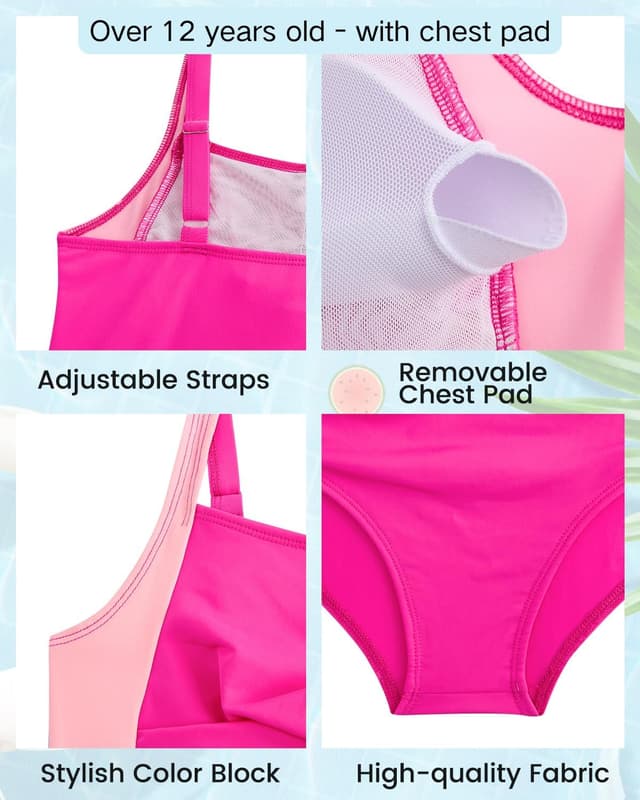 Detalle 2 de JiAmy girls one-piece swimsuit with ruched front & adjustable straps (age 5–14)