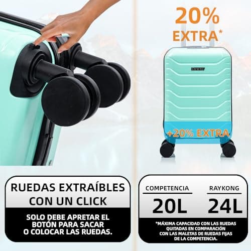 Detalle 2 de RAYKONG Maleta de cabina ABS 40x30x20 (24L) con ruedas desmontables – color menta
