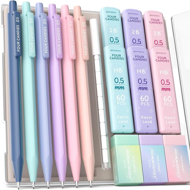 Detalle de Four Candies Mechanical Pencils 0.5mm (HB & 2B) with Pastel Eraser Set – 16-Count Pack in Case