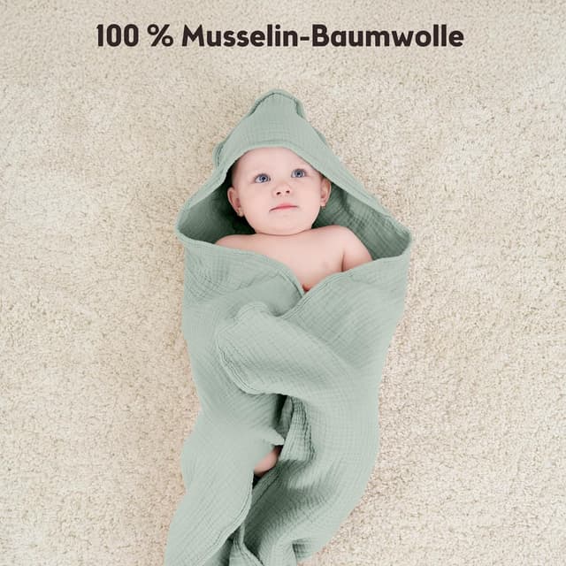 Detalle de Susurration Baby Handtuch mit Kapuze – 4-lagig aus Musselin-Baumwolle, 2er-Set