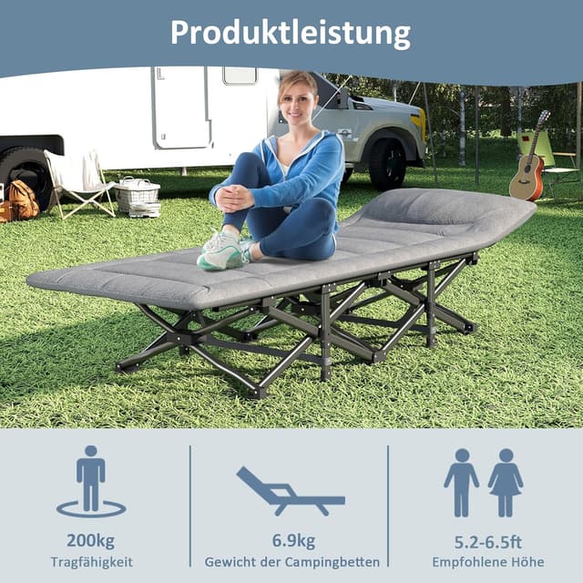 Detalle 2 de Mopaicot Furn faltbares Campingbett (Feldbett) bis 200 kg – mit integriertem Kissen für Indoor, Outdoor & Garten