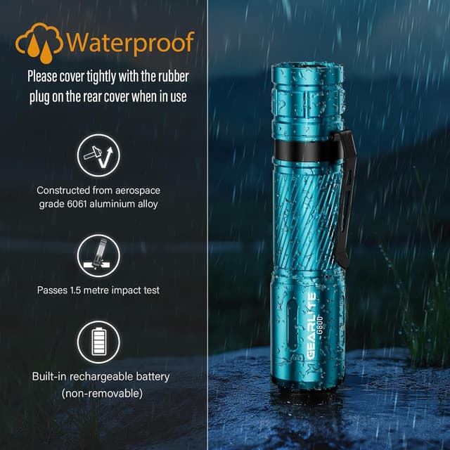 Detalle de GEARLITE G800 Mini LED-Taschenlampe (aufladbar) mit Zoom, 3 Modi und IP65