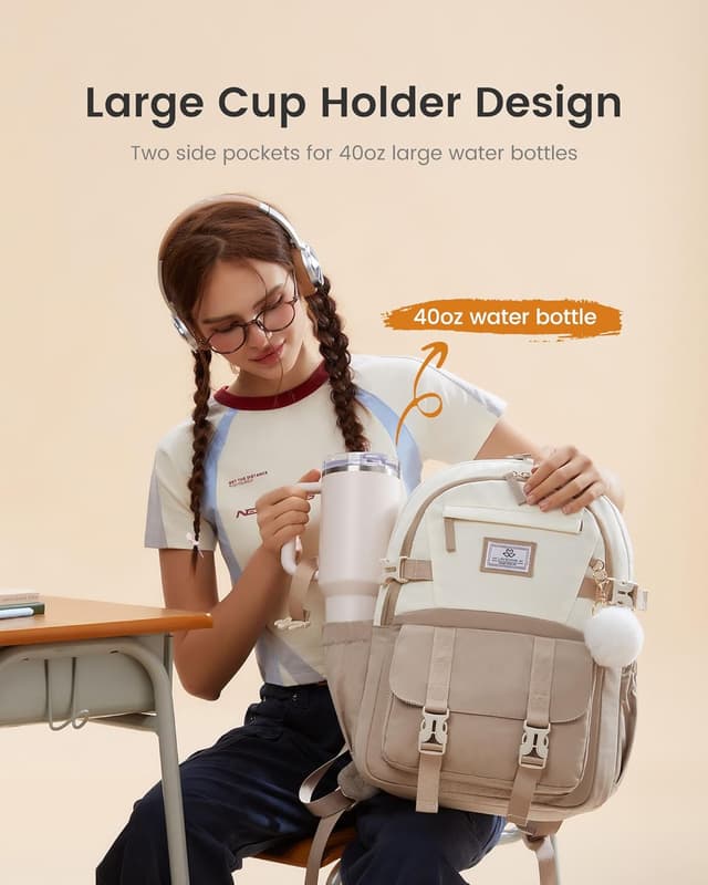 Detalle de LOVEVOOK Schulrucksack für Mädchen 10–18 Jahre mit großem Flaschenfach und Laptopfach (15,6 Zoll) – Khaki Beige