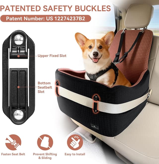 Detalle de PETSFIT Autositz für kleine bis mittelgroße Hunde bis 15 kg – Sicherheitsgurt-System, 15 cm Erhöhung, waschbar (Schwarz & Braun)