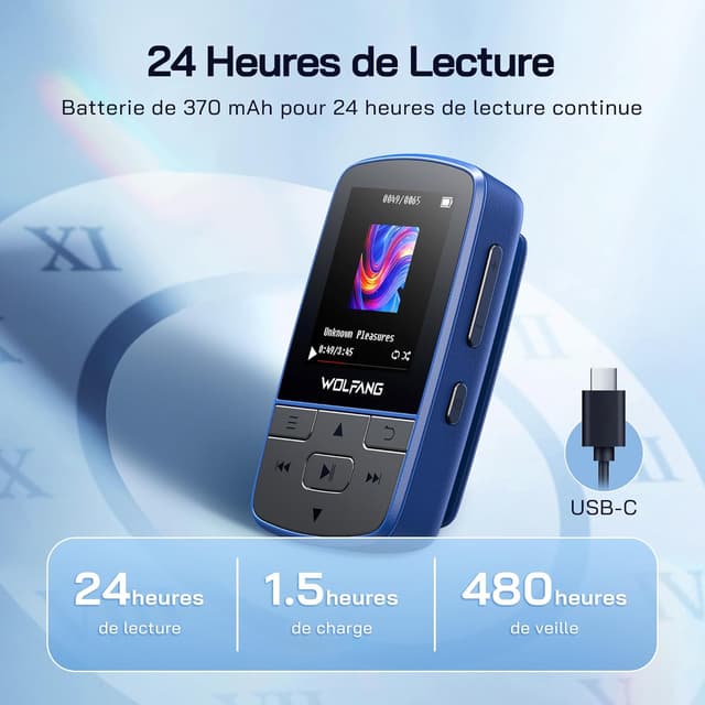 Thumbnail 6 de Lecteur MP3 WOLFANG WMP01 avec Bluetooth 5.2, 64 Go et clip sport (mini, 28,3 g)
