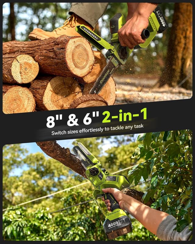 Detalle 2 de 8-Zoll & 6-Zoll Mini-Kettensäge mit 1300 W und 8000-mAh-Akku (für Äste, Holz) – 1-Hand Akku-Säge