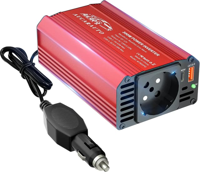 Detalle de AUCARAUTO Upgrade 300W Spannungswandler (12V auf 230V) mit USB‑C (65 W) & QC3.0 (18 W)