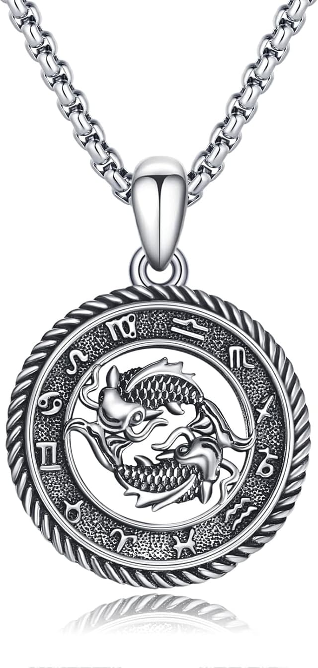 Detalle de PARYFO Sternzeichen Halskette „Fische“ mit 925 Sterling Silber Anhänger, oxidiert & Edelstahlkette