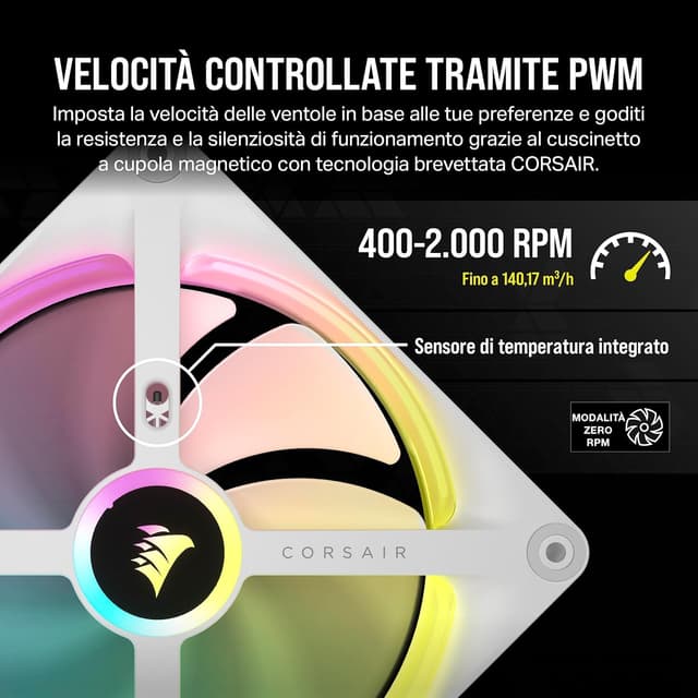 Detalle 2 de CORSAIR iCUE LINK QX140 RGB 140 mm Cupola Magnetica – Doppio Ventole Starter Kit con Hub iCUE LINK, bianco