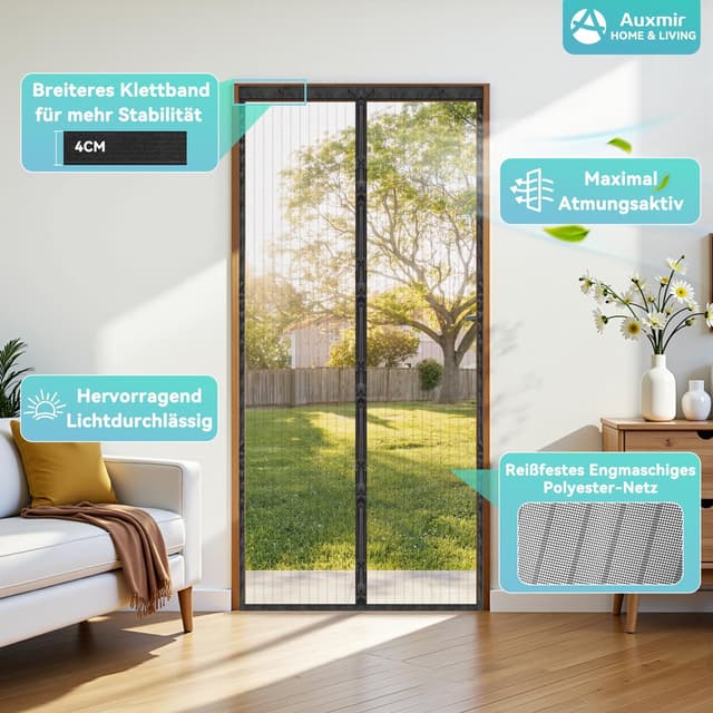 Detalle 2 de Auxmir Fliegengitter Balkontür Magnet – Insektenschutz ohne Bohren, 100×220 cm, schwarz