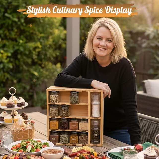 Detalle 2 de Topline Wooden Spice Rack with Spices Included – bamboo organiser with glass jars and salt & pepper grinders