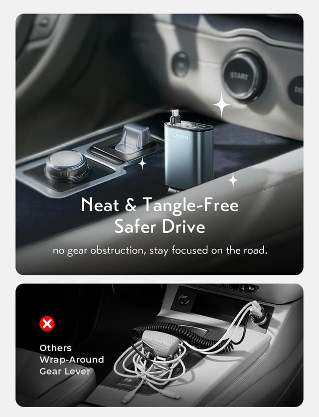 Detalle de LISEN Retractable 57W USB‑C Car Charger
