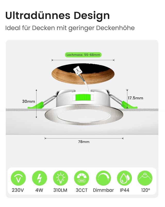 Detalle de ALUSSO LED Einbaustrahler 230V IP44, 4 W dimmbar – 6er Set (Lochmaß 55–68 mm), 3 Farbtemperaturen